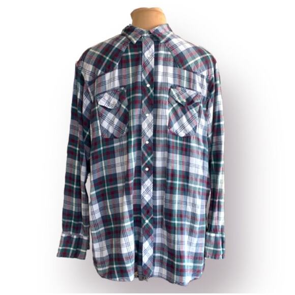 Vintage 90s Wrangler Western Pearl Snap Flannel Shirt 2XLT Tall Plaid Burgundy - Picture 3 of 8
